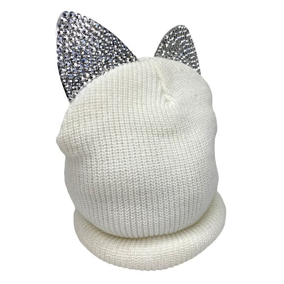 Cat Ear Beanie Rhinestone and Mirror Ears Ivory Colored OS - Picture 2 of 5